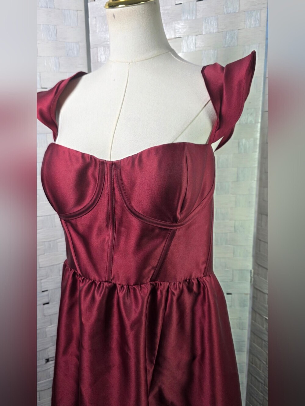 Dessy Collection Burgundy Satin Corset Gown with Slit - Picture 6 of 14